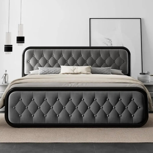 Ali Noise-Free King Size Bed Frame Heavy Duty Bed Frame With Faux Leather Headboard Bedroom Furniture 12" Under-Bed Storage Black