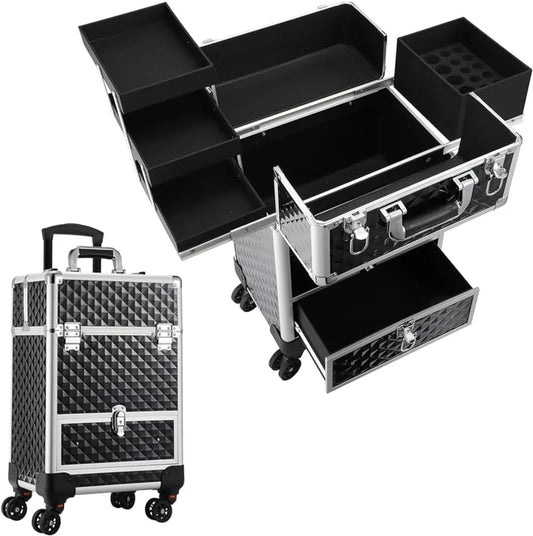 Ali Furniture Rolling Makeup Case Cosmetic Travel Trolley Storage Sliding Drawer 4 Tray Makeup Travel Case with Wheels Salon Barber Case