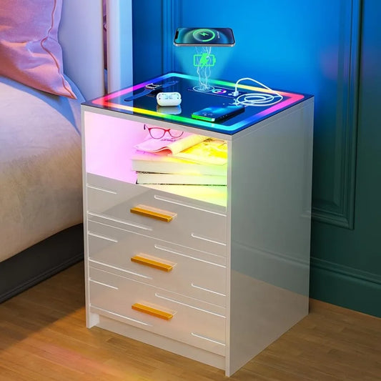 Ali LED Nightstand With Wireless Charging Station and 24 Color Dimmable Auto Sensor for Bedroom Furniture Bedside Table Nightstands
