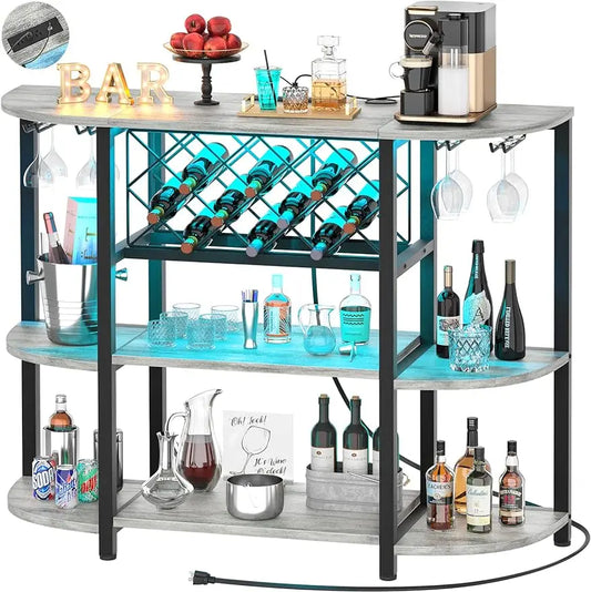 Ali Unikito 4-Tier Metal Coffee Bar Cabinet with Outlet and LED Light, Freestanding Table for Liquor Glass Holder Wine Rack Storage