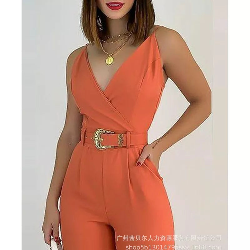 Ali Women's Jumpsuits Summer Fashion Solid Slim High Waist Pocket Jumpsuits Women Jumpsuits Women Sexy V-neck Spaghetti Strap Bandage Pencil Jumpsuits