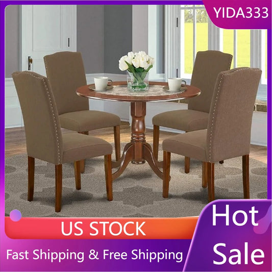 Ali 5 Piece Room Furniture Set Includes a Round Dining Table with Dropleaf and 4 Dark Coffee Linen Fabric  42x42 Inch