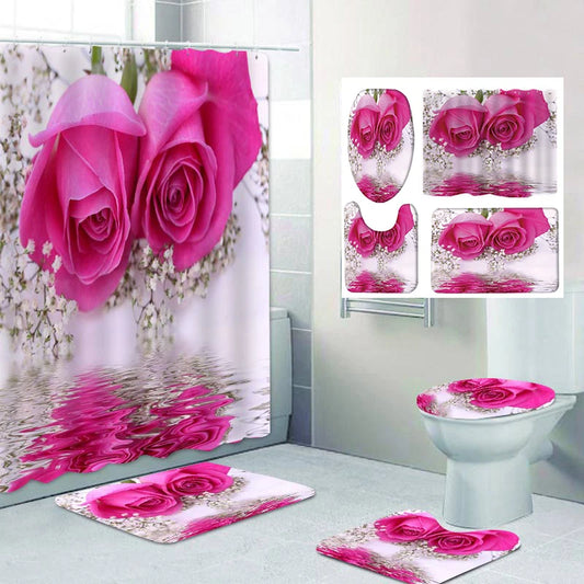 Ali Valentine's Day Rose  Shower Curtain HeartBath Sets Waterproof Non-Slip Bathroom Rug Toilet U  With 12 Hooks Home Deco Free Ship