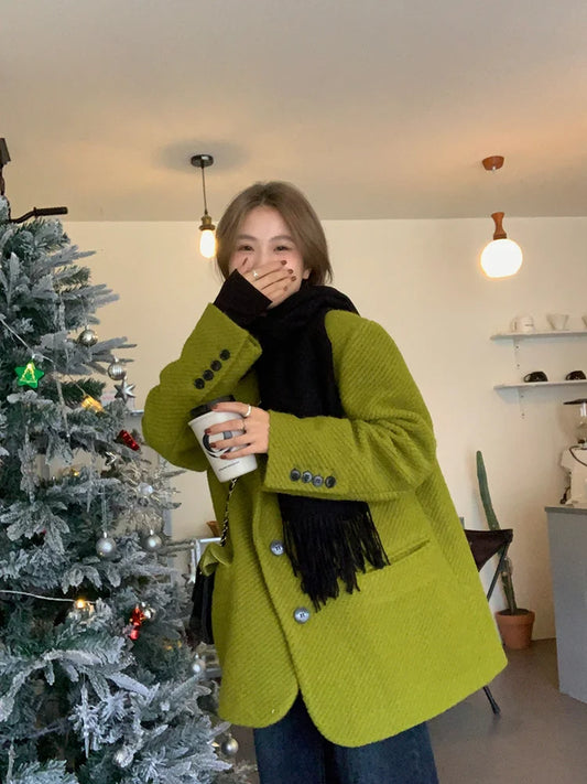 Ali Fashionable high-end mustard green woolen suit jacket women 2023 winter Korean style loose versatile casual shoulder pad top