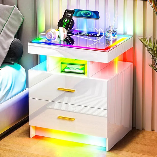 Ali Furniture High Gloss Smart Night Stand With Drawer and RGB Dynamic Lighting Bedside Table Room Modern Bedside Tables for Bedroom