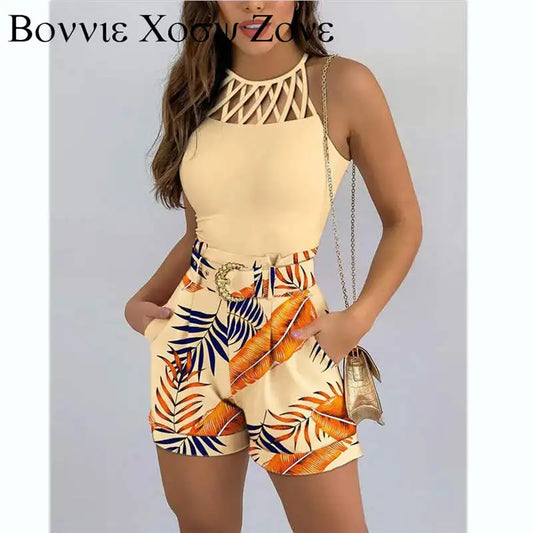 Ali Women's Two-piece Outfits Hollow Out Tank Tops & Tropical Print Shorts Set with Belt Summer Women Two Piece Set