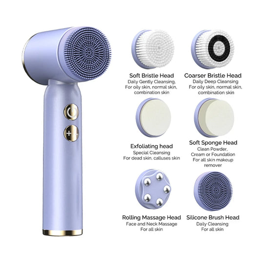 Ali Face & Body Tools 6 In 1 Ultrasonic Electric Facial Cleansing Brush Auto Rotating Waterproof Face Exfoliator Pore Cleaner Blackhead Removal 2022