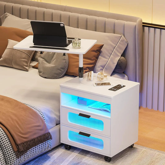 Ali Nightstand Wireless Charging Station,LED Nightstand Adjustable Rotary,Smart Night Stand 2,Bedside Table,Sensor Light/Wheel White