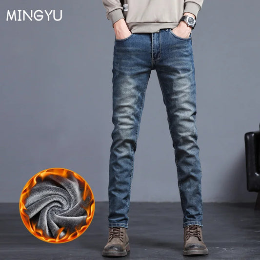 Ali Men's Jeans Winter Fleece Warm Men's Jeans Vintage Blue Cotton Classic Slim Skinny Fashion Streetwear Thick Fluff Denim Trousers Male 27-38