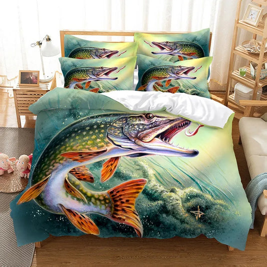 Ali Big Pike Fish Duvet Cover King Queen For Kids Teens Adults Microfiber 3D Print Comforter Cover Hunting And Fishing Bedding Set