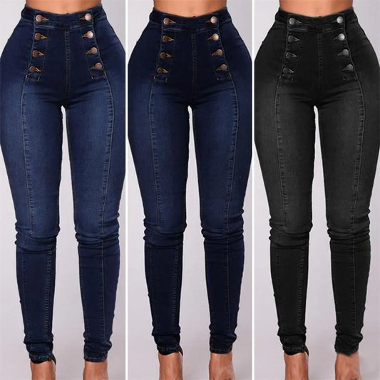 Ali Women High Waist Pencil Jeans Vintage Skinny Double-breasted Pockets Push Up Full Length Denim Pants Trousers Female Clothing
