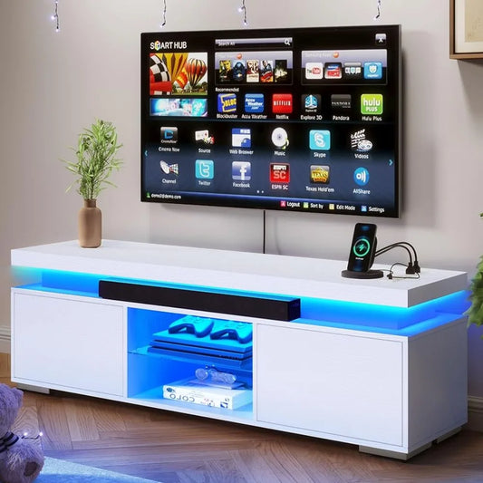 Ali 4 AC Power Outlets Tv Cabinet TV Stand With RGB LED System Easy Assembly Ample Storage Space Sturdy Construction White Table