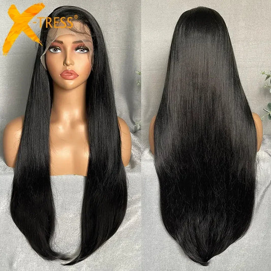 Ali Synthetic Hair X-TRESS Long Straight Layered Wigs 13X4 Lace Frontal Free Part Synthetic Hair Wig with Baby Hair For Women 32inch Black Colored