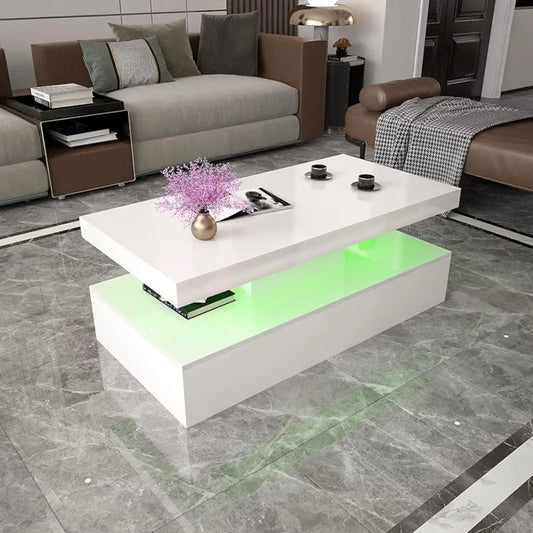 Ali LED Coffee Table, White Modern High Gloss Coffee Table with RGB Light, Rectangular Coffee Table with Remote Control Living Room