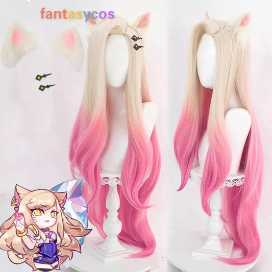 Ali Synthetic Hair LoL KDA Baddest Ahri Cosplay Wig 100cm Long Blonde Pink Wavy with Ear Hairpin Synthetic Hair Role Play Halloween Party + Wig Cap
