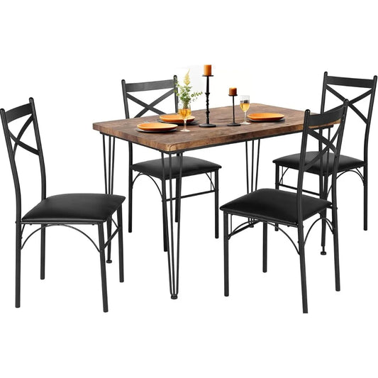 Ali Dining Table for 4 5-Piece Set for Home Kitchen Breakfast Nook Living Room Center Table Salon Black With 4 Chairs Retro Brown