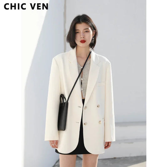 Ali Women's Suits Blazer CHIC VEN 2021 Fashion Women's Blazer Office Lady Long Sleeve Double-breasted Mid-length Casual Coat Ladies Outerwear Stylish Top