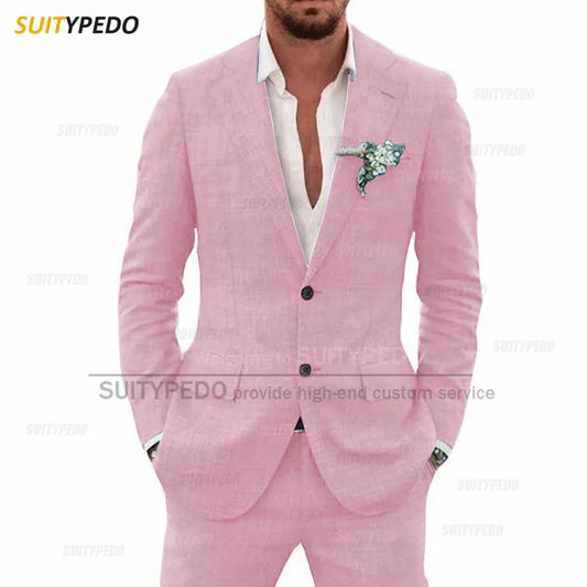 Ali Men's Blazers Casual Linen Suit Set For Men Wedding Party Tailor-made Fashion Notch Lapel Outfits Holiday Slim Fit Male Blazer Pants 2 Pieces