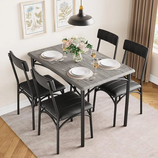 Ali Dining table set with 4-piece chairs, Rectangular dining table set in metal and wood with 4 upholstered chairs, rustic grey