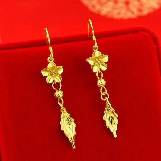 Ali Gold shop with 999 real gold earrings fortune prosperous temperament gold earrings flower and leaf eardrop solid earrings