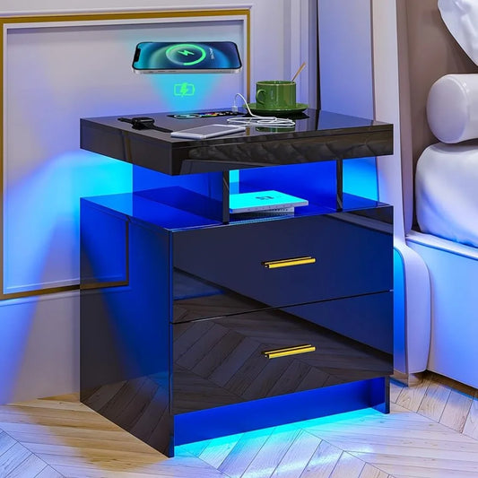 Ali Furnitures Modern Bedside Table Has Auto Sensor 24 Light Colors&2 Drawer LED Nightstand Designer Luxury Bag Sss Supply Furniture