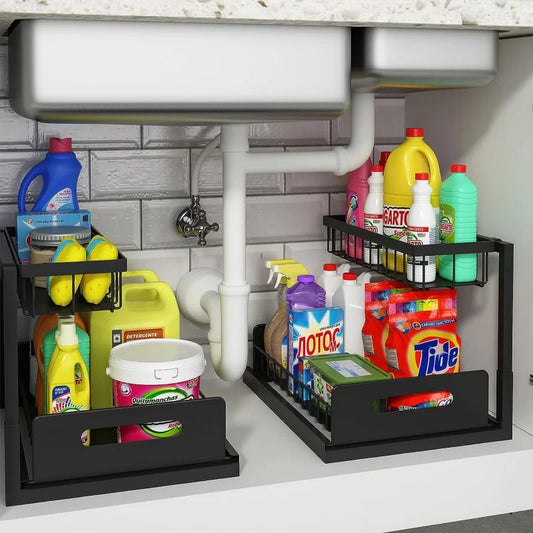 Ali REALINN Under Sink Organizer and Storage, 2 Pack Pull Out Cabinet Slide Sink Shelf Shelves,