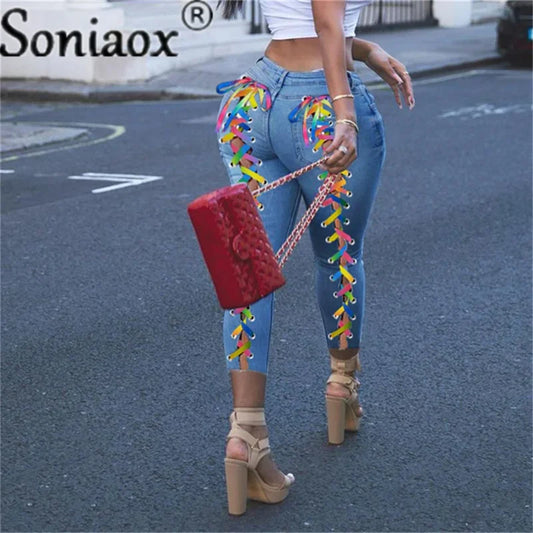 Ali Sexy Bandage Lace Up Grommet Women Denim Pants Blue High Waist Pencil Jeans Pants Skinny Bodycon Hole Street Ripped Trousers