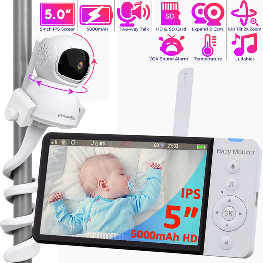 Ali 5Inch HD Baby Monitor with Camera,Pan-Tilt,4X Zoom,5000mAh Long Life Battery,IPS Screen,PTZ Babyphone,Babysitter with Holder