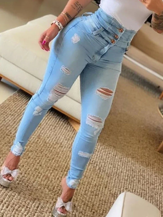 Ali Women's Jeans Women's Jeans Trend Autumn 2023 Fashion High Waist Buttoned Cutout Ripped Casual Skinny Plain Pocket Design Daily Jeans