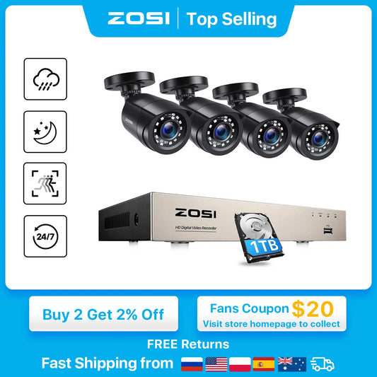 Ali ZOSI 8CH 1080P CCTV System Outdoor 5MP Lite Video DVR with 2/4/6/8pcs 2MP Security Camera Day/Night Video Surveillance System