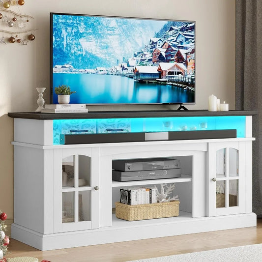 Ali TV cabinet with socket, storage rack, and cabinet glass door, adjustable, can hold 400 pounds, for living room, white