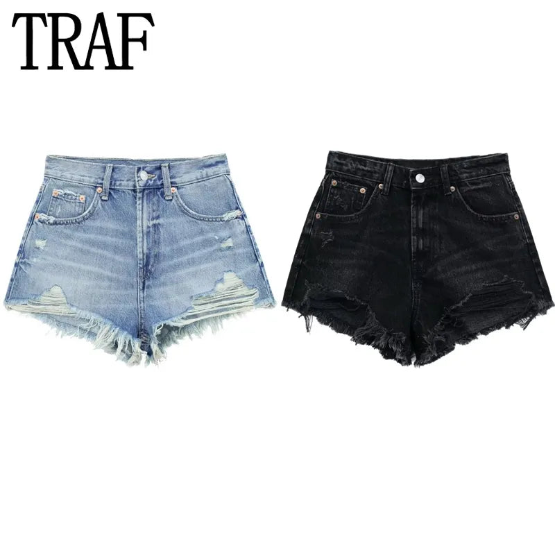 Ali Women's Jeans TRAF Women's Jeans Shorts Blue Black Denim Shorts Women High Waist Summer Shorts Woman Fashion Ripped Streetwear Short Pants