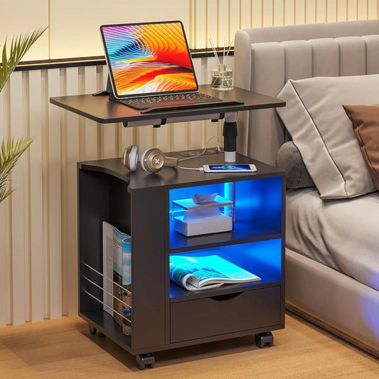 Ali LED Nightstand,Has Adjustable Rotary Table,Bedside Tables w/ One Drawer & 2 Mezzanines/Infrared，3 Color Lighting (On The Left)