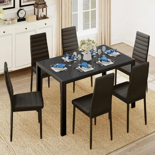 Ali Gizoon Glass Dining Table Sets for 6, 7 Piece Kitchen Table and Chairs Set for 6 Person, PU Leather Modern Dining Room Sets