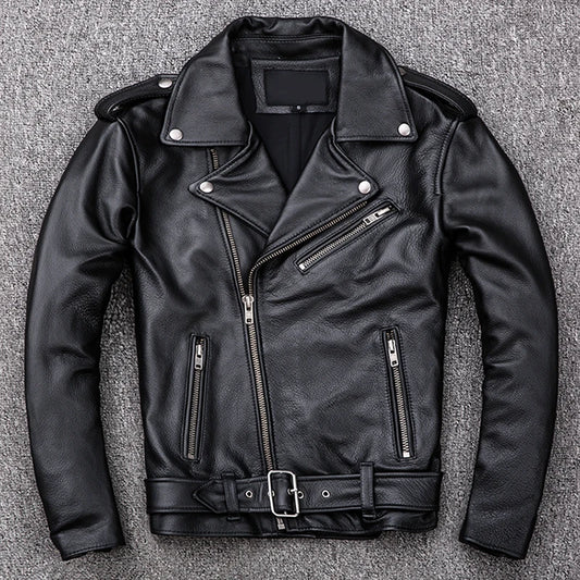 Ali Men's Jackets & Coats Spring Classical Motorcycle Oblique Zipper Jackets Men Leather Jacket Natural Calf Skin Thick Slim Cowhide Moto Biker Jacket Man