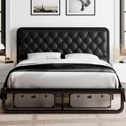 Ali full size bed frame, Upholstered Platform Bed Frame, with heavy duty steel slats, diamond tufted headboard
