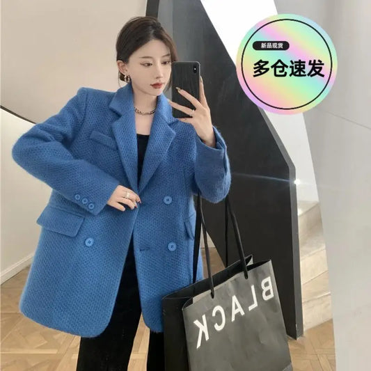 Ali 2022 New Autumn and Winter Women's Coat Klein Blue Woolen Suit Jacket Korean Fashionable Girl Outwear Loose Lady Tops Clothes