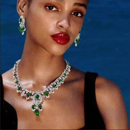 Ali Vintage Lab Emerald Diamond Jewelry set 14K White Gold Wedding Earrings Chocker Necklace For Women Bridal Engagement Jewelry