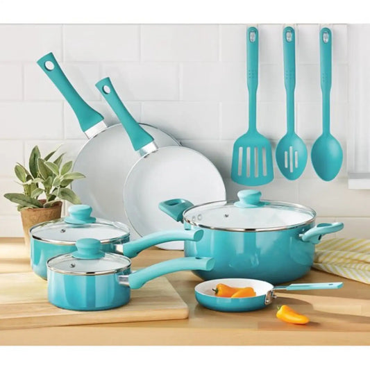 Ali Ceramic Nonstick 12 Piece Cookware Set, Teal Ombre, Hand Wash Only Kitchen  Cooking Pots and Pans Cookware