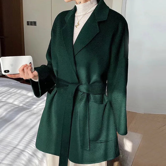 Ali Brand high-end water ripple double-sided cashmere coat for women's 2024 medium length loose collar winter women's wool coatt