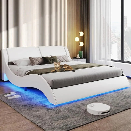 Ali Bed Frame, Large with Headboard, Modern Upholstered Platform, LED Bed Frame, With LED Lights, Wavy Curve,Large Thin Platform Bed