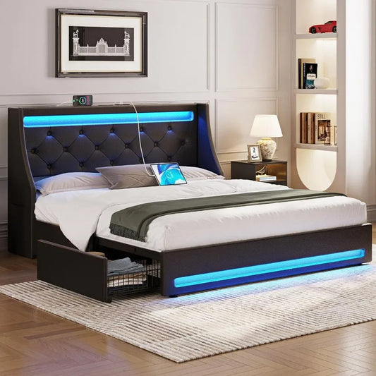 Ali Twin Size Bed Frame with LED Lights and Charging Station, Upholstered Bed with Drawers, Wooden Planks, and Easy To Assemble