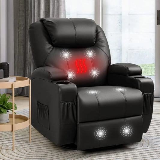 Ali 2024 New Rocker Recliner Chair with Massage and Heat for Elderly, Leather Adjustable 360°Swivel Rocking Sofa for Living Room
