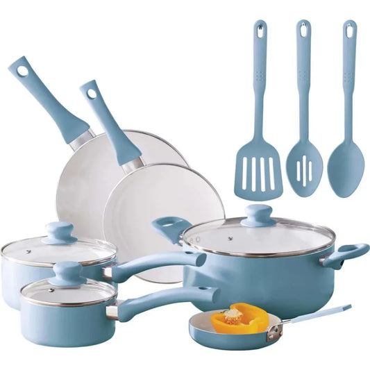 Ali Mainstays 12pc Ceramic Cookware Set, Blue Linen Pots and Pans Set
