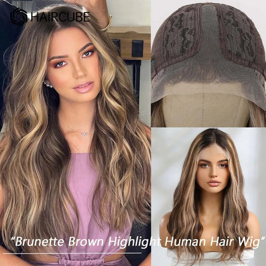 Ali Human Hair  HAIRCUBE Beach Wave Human Hair Wig 13×5×1 Long Brown Highlight Lace Front Wigs for Women Remy Hair Middle Part Lace Frontal Wig