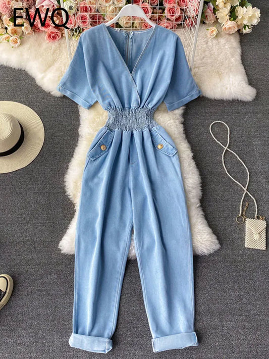 Ali Women's Jumpsuits EWQ Sweet Style Women Jumpsuits Denim V-neck Short Sleeve Solid Color High Waist Casual Jumpsuit Spring Summer 2023 New SN0540