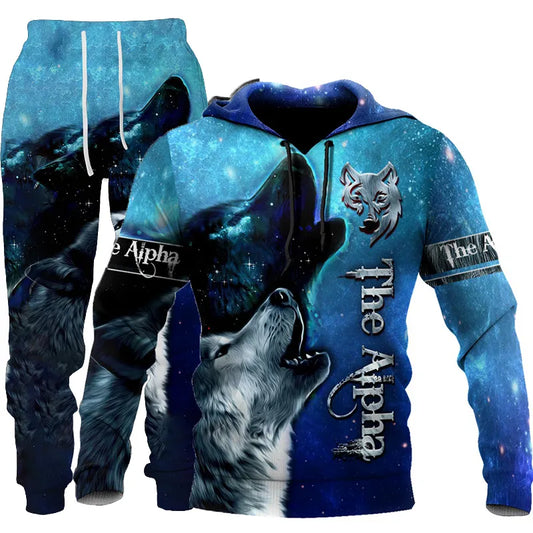 Ali 3D Ferocious Wolf Print Hoodies Sweatshirts Pants Sets CasualMens Clothing Essentials Hoody Spring And AutumnMen's Tracksuit