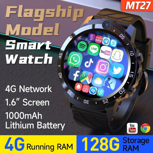 Ali MT27 Smart Watch Men 4G Network for Youtube 4G+128G Dual Camera SIM Card Calling GPS 1000mAh Battery APP Installation Smartwatch