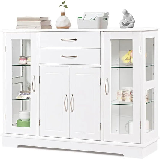 Ali Sideboard Buffet Server Storage Cabinet W/ 2 Drawers3 Cabinets and Glass Doors for Kitchen DiningRoom Furniture Cupboard Console