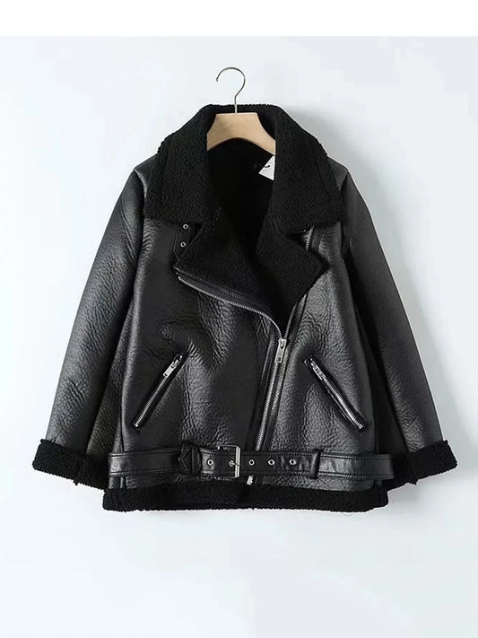 Ali TRAF Winter Coats Women Thickness Faux Leather Fur Sheepskin Female Fur Leather Jacket Aviator Outwear Casaco Feminino